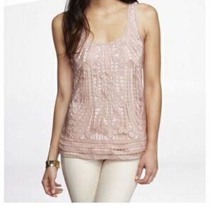 EUC Express Sz Sm Pink/Rose Gold/Blush Metallic Crochet Overlay/Lined Tank Party
